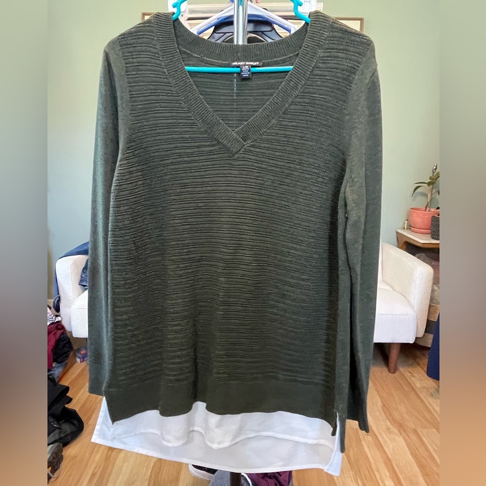 Hilary Radley Olive Green V-Neck Layered Hem Knit Top